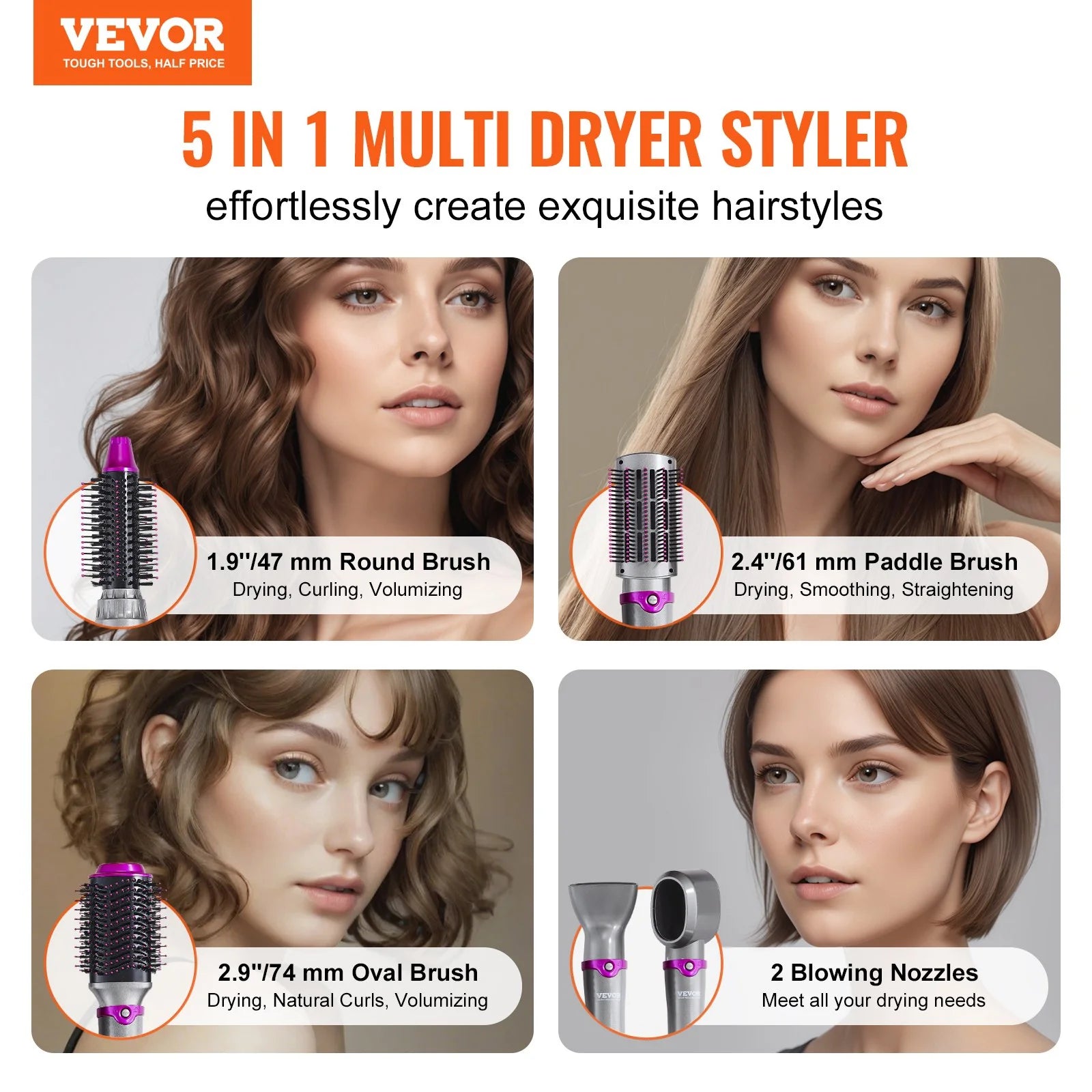 Vevor?Hair Dryer Brush 5-In-1 Hot Hair Styler Upgraded Negative Ion for Curling