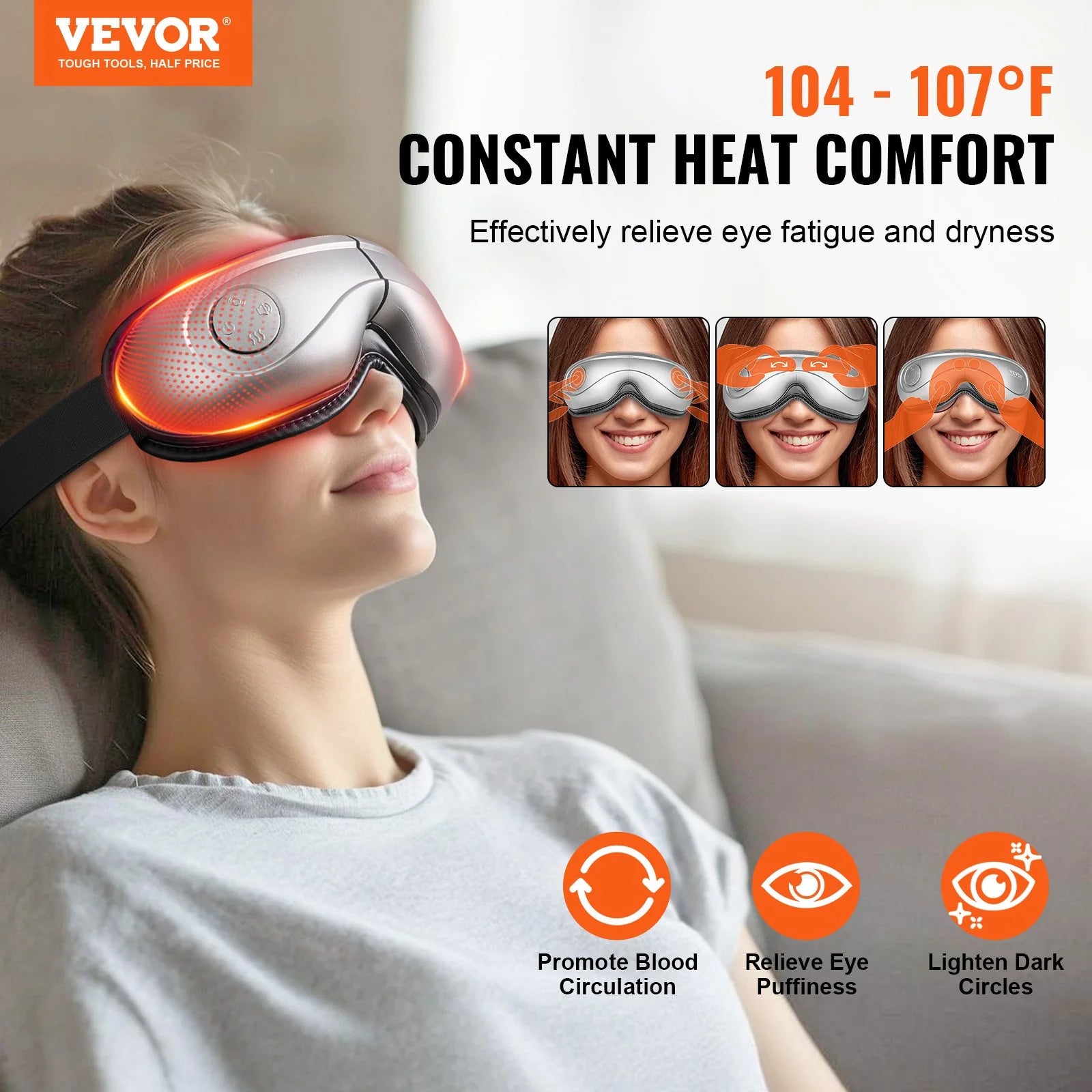 VEVOR Heated Eye Massager Eye Care Device 5 Modes Bluetooth Music 180¡Ã Foldable