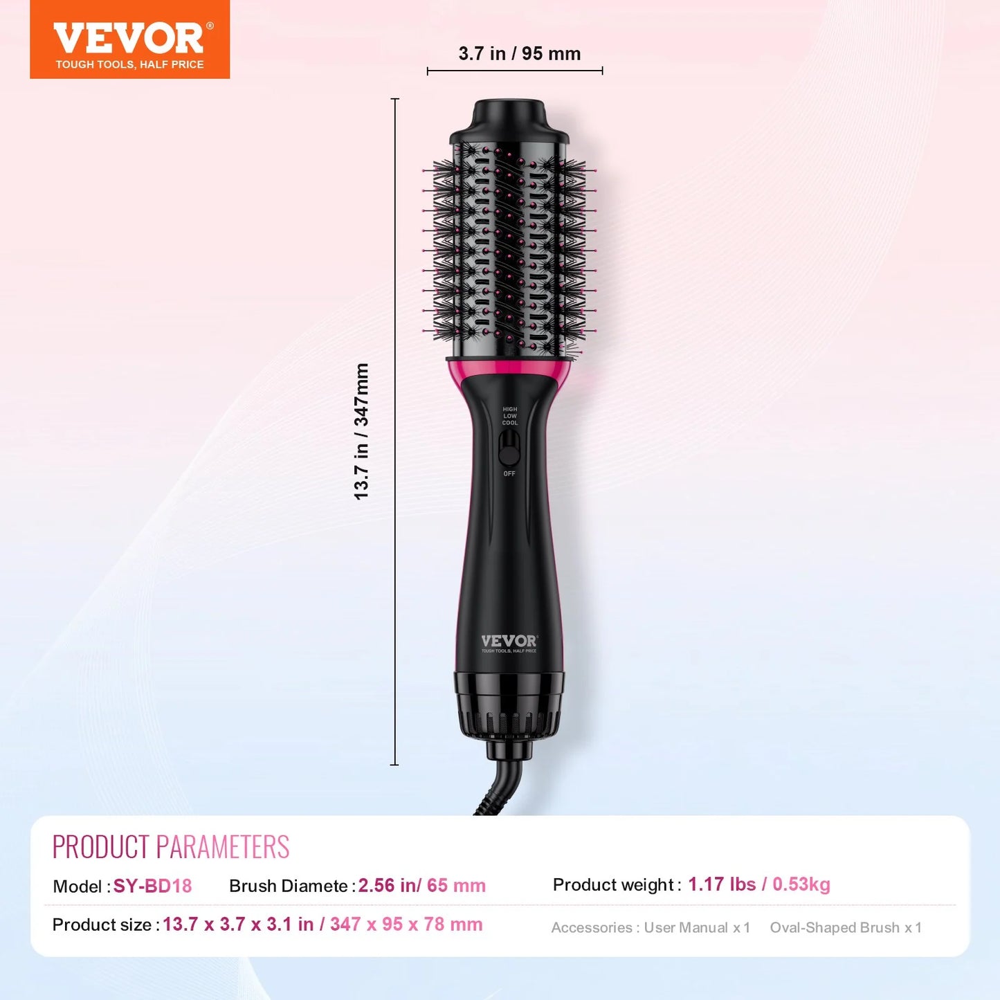 VEVOR Hair Blow Dryer Brush Dual Voltage Hot Air Styler with 2.56 Oval Barrel