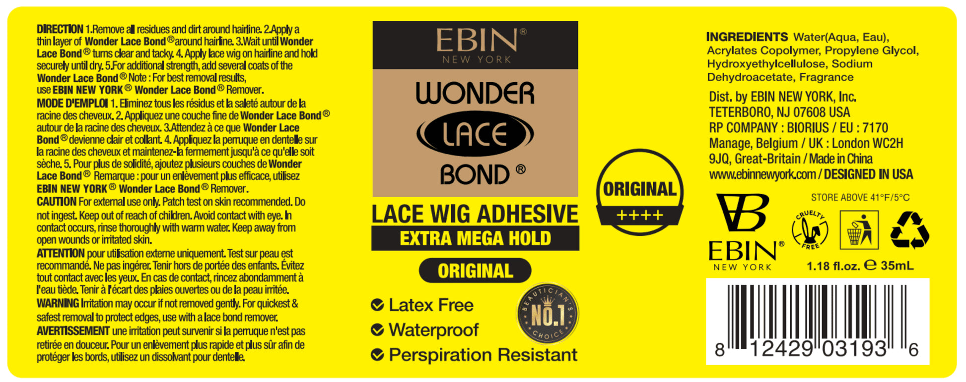 Ebin - Wonder Lace Bond Waterproof Adhesive Extra Mega Hold 1.18Oz