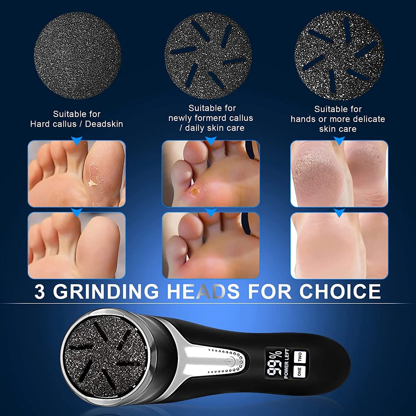 Electric Callus Remover for Feet with Vacuum, Professional Pedicure Tools Kit Callus Remover, Rechargeable Waterproof Foot File for Foot Care Deadskin Remover with 3 Heads & 2 Speed, LCD Display